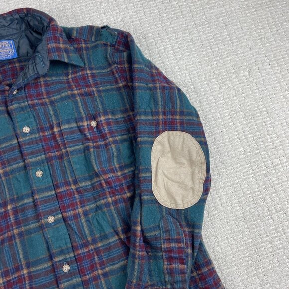 Vtg Pendleton Shirt Mens Large Plaid Wool Flannel USA Elbow Pads Wool Read* - Picture 4 of 16